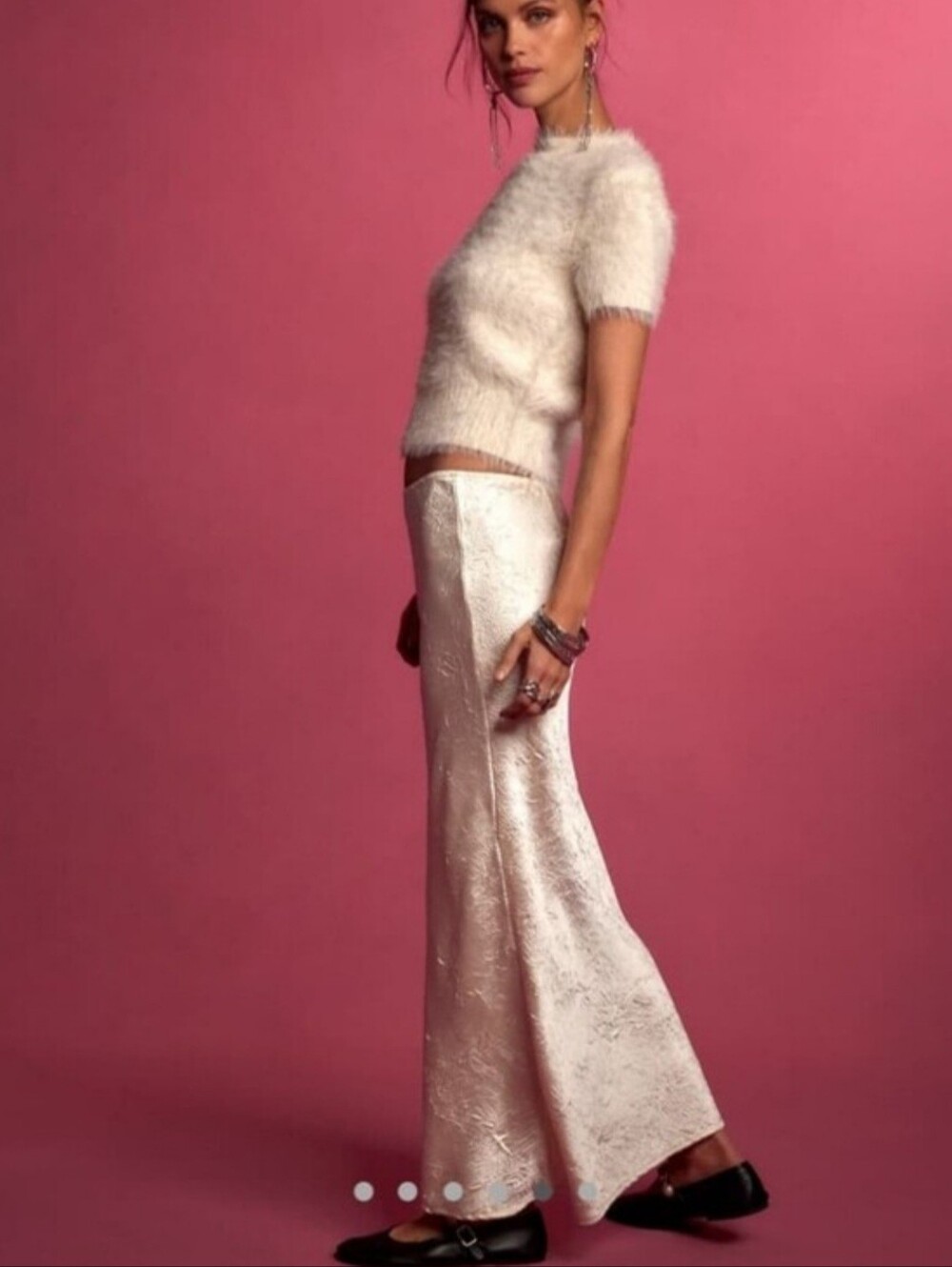 Free People Alexandra Satin Maxi Skirt Set Sweater Crop Top White M NWT